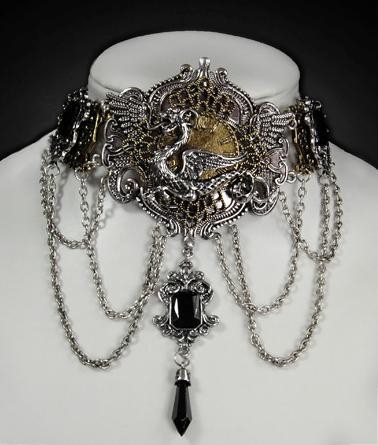 Black gems dragon clock parts pewter steampunk choker necklace 4111 Edmonton