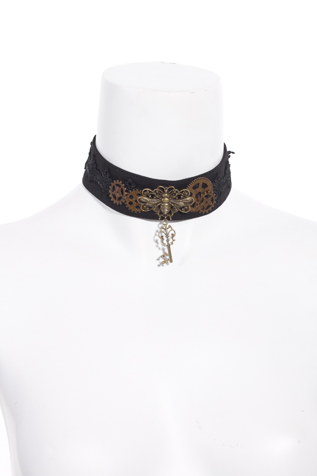 Black choker with lace trim features gears and key charm 0400 Edmonton