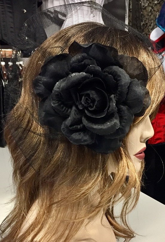 Large black rose with netting hair clip 16014 Edmonton