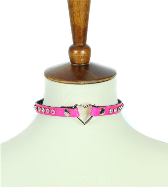 Pink patent clear crystal heart ring choker collar 0682 Edmonton