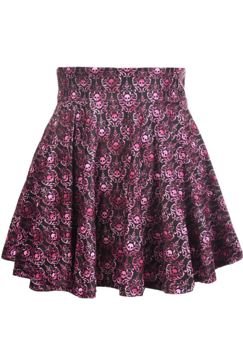 Skull Damask Spandex Skirt 11852 Black/Pink | Nightshade Corsets