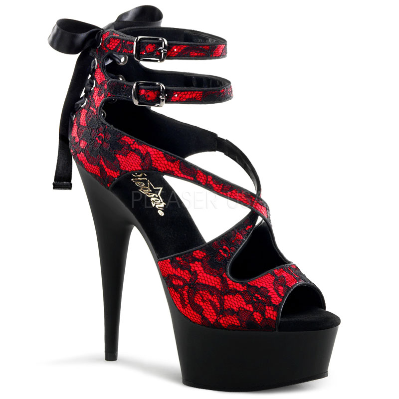 Lace Overlay Strappy 6" High Heel Shoes Delight-678 Red