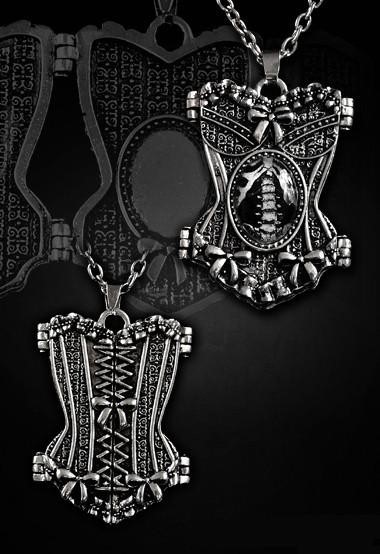 Corset-shaped locket pendent necklace Pewter skeleton graphic 4103 Edmonton