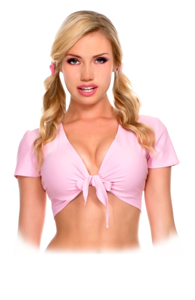 Spandex tie front schoolgirl top baby pink 25076 Edmonton