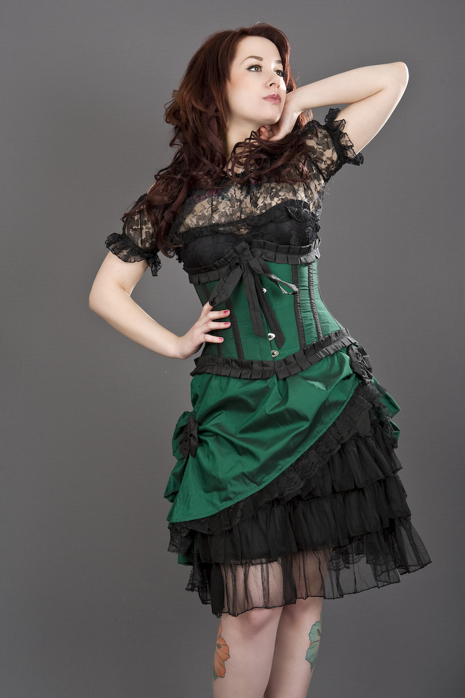 Ruched Taffeta Skirt with a Mesh Ruffle Underlay 8002 Green