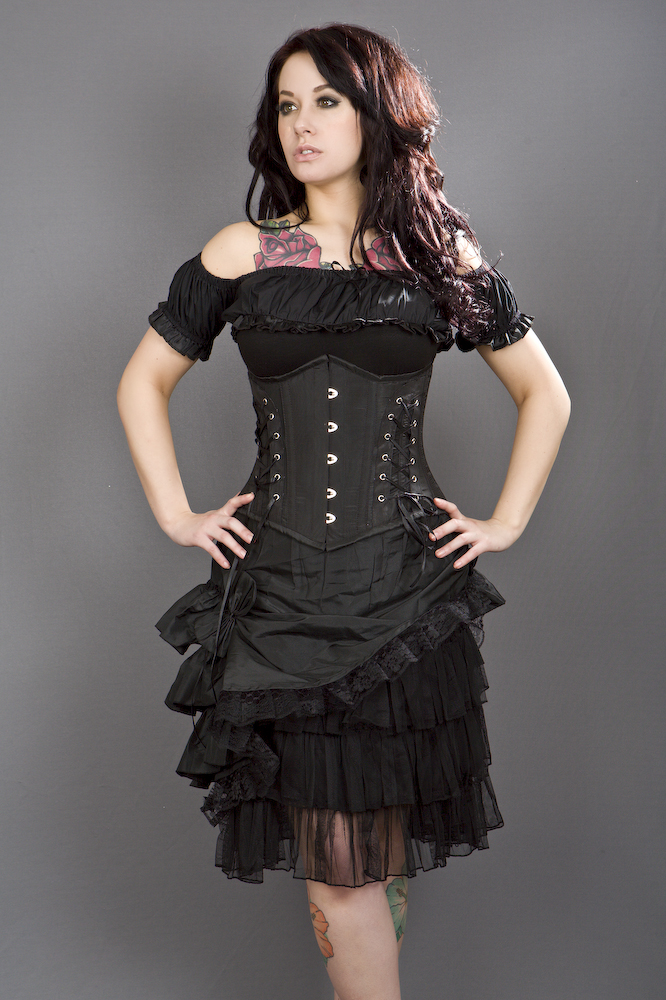 Ruched Taffeta Skirt with a Mesh Ruffle Underlay 8002 Black