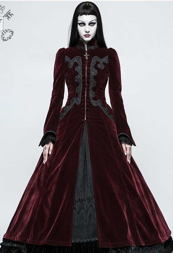 Victorian Style Burgundy Velvet& Black Lace Long Coat