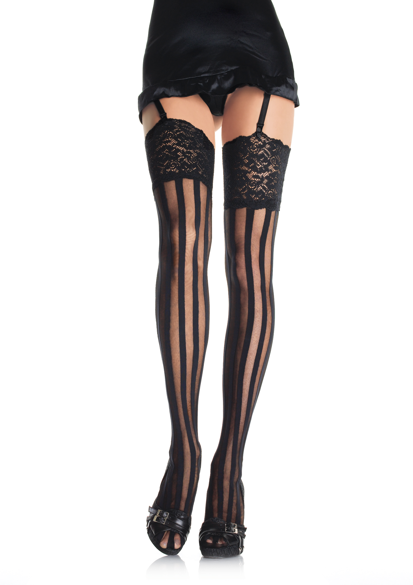 Lace Top Vertical Striped Stockings 9218