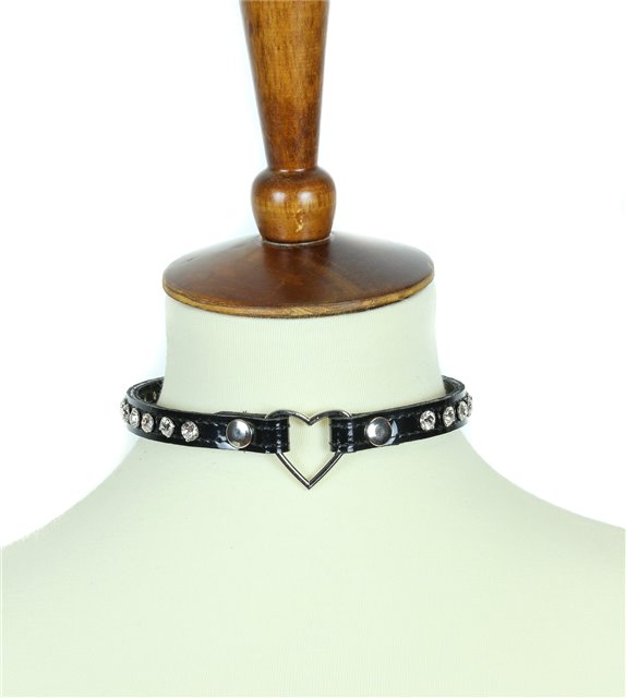 Black patent clear crystal center heart ring collar choker 0682 Edmonton