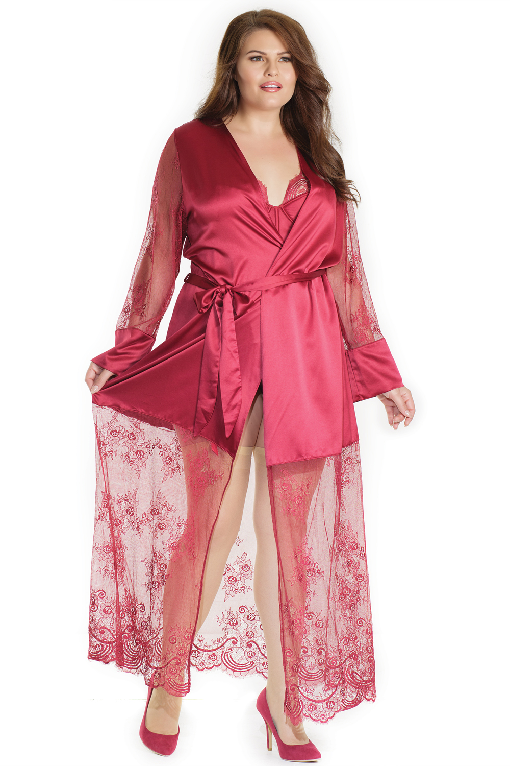 Full length satin robe  features eyelash lace removable satin tie 7201 Edmonton