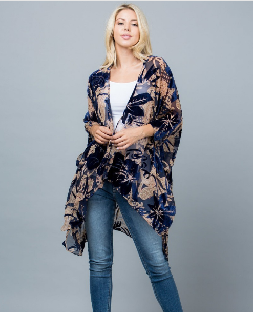 Royal Blue Burn Out Velvet Kimono Robe Jacket Edmonton