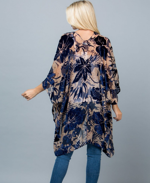 Royal Blue Burn Out Velvet Kimono Robe Jacket Edmonton